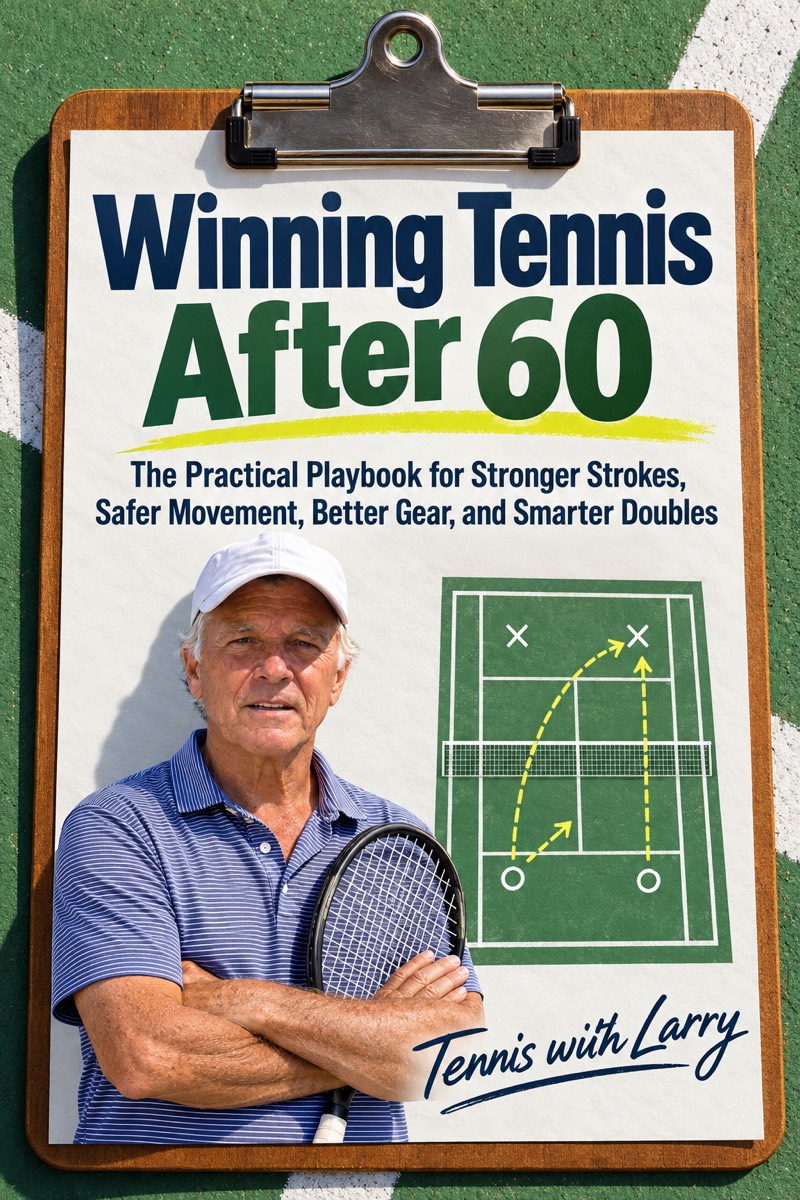 Winning Tennis After 60 book cover, featuring Larry and a doubles court diagram